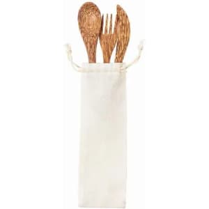 A reusable cutlery set with wooden spoon, fork, and knife, stored in a cream-coloured fabric pouch.