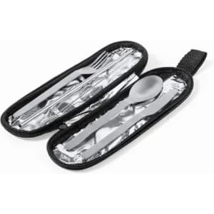 A portable cutlery set in a black case, featuring a spoon and fork with a sleek metallic finish.