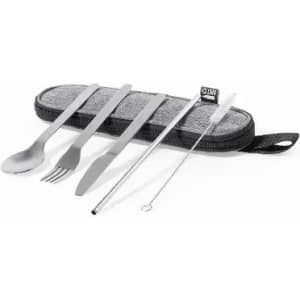 A cutlery set in a grey case, featuring a spoon, fork, knife, metal straw, and cleaning brush.