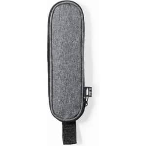 A grey zippered pencil case with a textured fabric exterior and a fabric loop for easy carrying.