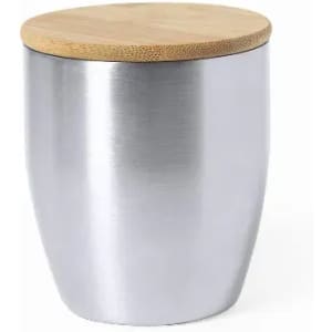 A drink bottle with a shiny silver body and a bamboo lid, featuring a smooth, rounded design.
