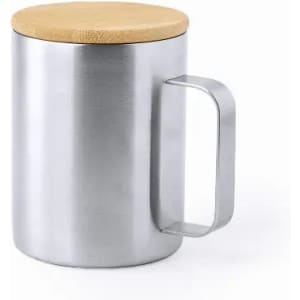 A drink bottle with a stainless steel body and a wooden lid, featuring a sturdy handle.