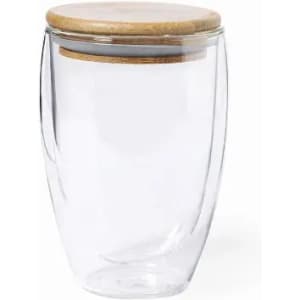 A clear glass container with a wooden lid, featuring a modern, curved design.
