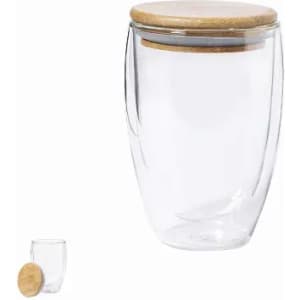 A clear glass jar with a wooden lid, featuring a smooth design and a smaller glass cup beside it.