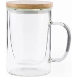 A drink bottle made of clear glass with a wooden lid and a handle.