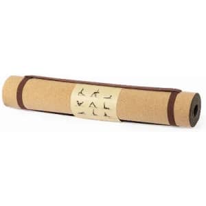 A rolled yoga mat with a natural cork surface and brown straps, featuring illustrations of yoga poses.