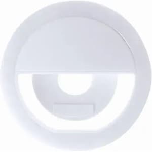 A white circular device with a geometric design, featuring a central opening and light elements. It has a logo.