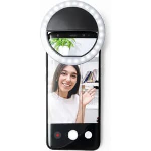 A phone with a circular ring light attached, featuring a woman smiling in the camera, on a white background.