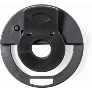 A circular black lid with a central hole and a clip mechanism for secure closure.