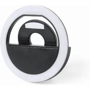 A black and white circular phone stand with a light ring, featuring a sleek, modern design.