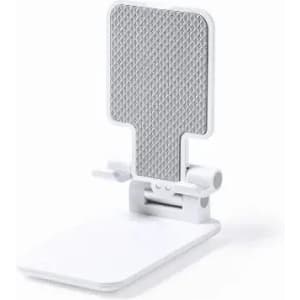 A white stand with a textured backing, featuring an adjustable hinge and a flat base for stability.