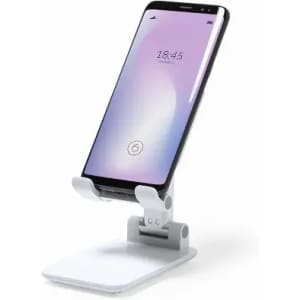 A phone stand in white, holding a smartphone at an angle with a neutral background.
