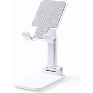 A white phone stand featuring an adjustable, perforated backing and a solid base for stability.