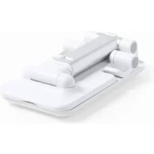 A white phone stand featuring a flat base and adjustable support for different viewing angles.