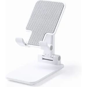 A white phone stand with a textured back and adjustable support, featuring a stable base.