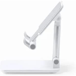 A phone stand with a sleek white and silver design, featuring an adjustable arm and a sturdy base.
