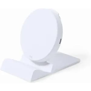 A white wireless charging stand with a circular charging pad and a base for stability. It features a simple, sleek design.