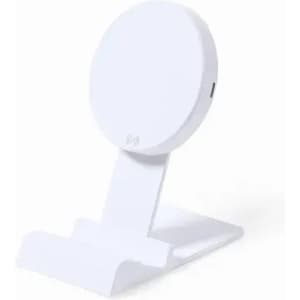 A wireless charging dock in white, featuring a circular charging pad on a stable, angled base.