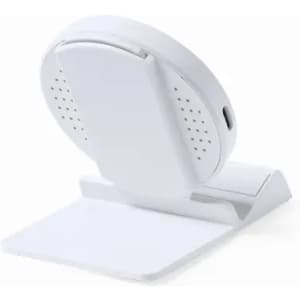 A phone holder and charger in white, featuring a circular back with ventilation holes and a flat base.