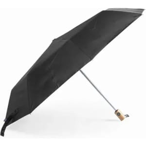 A black umbrella with a silver handle, featuring a wooden grip and a logo on the handle.