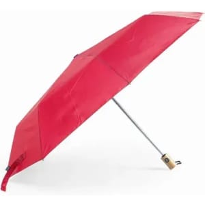 A red umbrella with a wooden handle, featuring a simple design and a metallic frame.