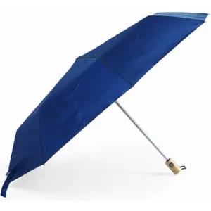 A blue umbrella with a wooden handle and a sleek design, featuring a logo on the handle.