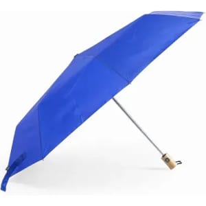 A blue umbrella with a silver shaft and a wooden handle, featuring a branded logo.