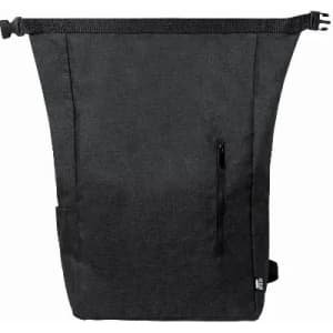 A black bag with a wide top, featuring a zip pocket and an adjustable strap. It has a logo on the side.