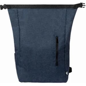 A navy blue bag with a textured design, featuring a zippered pocket and adjustable strap. It has a branding logo.
