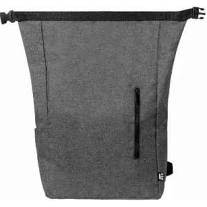 A grey bag with a roll-top closure, featuring a front pocket and a side strap for carrying. It has a logo.