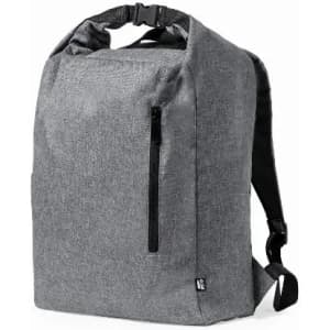 A grey backpack with a top roll closure, featuring a front zipper pocket and adjustable straps. It has a logo on the front.