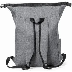 A grey backpack with adjustable straps, featuring a top closure and side pocket, along with a logo on the front.