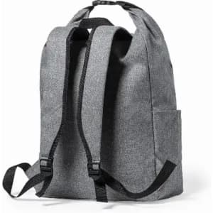 A grey backpack with adjustable straps and a side pocket, featuring a textured fabric.