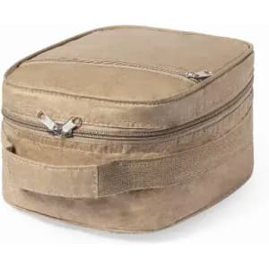 A compact beige lunch bag with a zip closure and a handle for easy carrying.