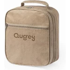A beige zippered bag with a handle and a logo on the front. The bag features one outer pocket.