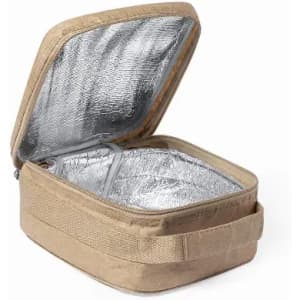A portable insulated lunch bag in tan, featuring a silver reflective interior and a sturdy handle.