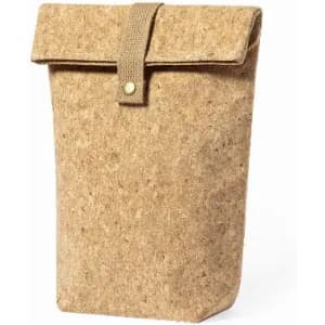 A cork bag in a natural brown colour with a fold-over top and button closure. It features a textured finish.