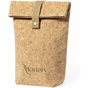 A cork bag with a fold-over top and a button closure, featuring a logo on the front.