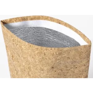 A drink bottle with a natural cork exterior and a silver insulated interior, featuring a unique shape and branding.