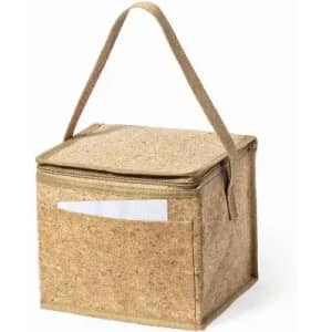 A storage box with a natural brown finish, featuring a handle and a front pocket for additional storage.
