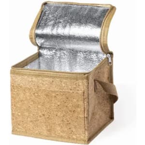 A square insulated cooler bag in a natural cork finish with a silver reflective interior and a side handle.