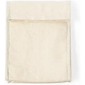 A beige fabric pouch with a flap closure and a stitched seam, featuring a simple, minimalist design.