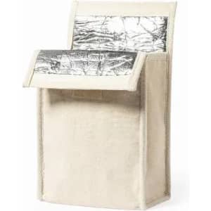 A storage bin in cream with a silver, metallic-lined flap and a rectangular design. It has a simple, modern look.
