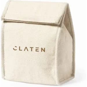A storage bag in a natural beige colour with a fold-over flap and a logo on the front.