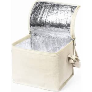 A storage box with a cream exterior and silver insulated lining, featuring a hinged lid and side handles.