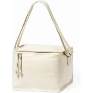 A square cream coloured carry bag with a zip closure and a long handle. It has a simple, minimalistic design.