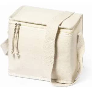 A cream-coloured cooler bag with a zip closure and an adjustable shoulder strap. It has a simple design and a sturdy look.