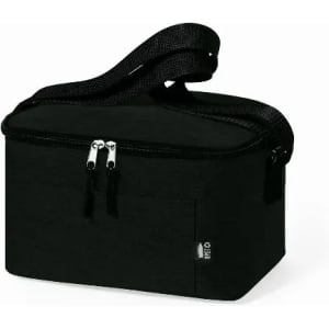A black insulated cooler bag with a zip closure and a detachable shoulder strap. It has a logo on the side.