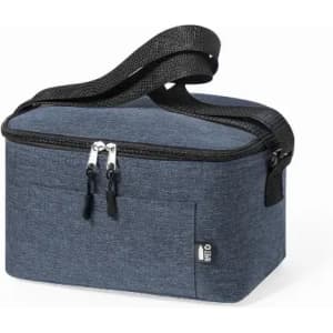 A cooler bag in navy blue with a zippered closure and a black adjustable strap. It features a small front pocket and branding.
