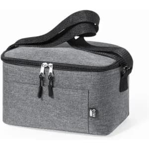 A grey insulated bag with a zip closure and a shoulder strap, featuring a small branding label.